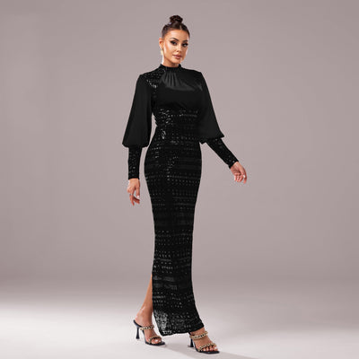 Women's Long Sleeve Round Neck Sequined Evening Dress - High Waist - Long Length