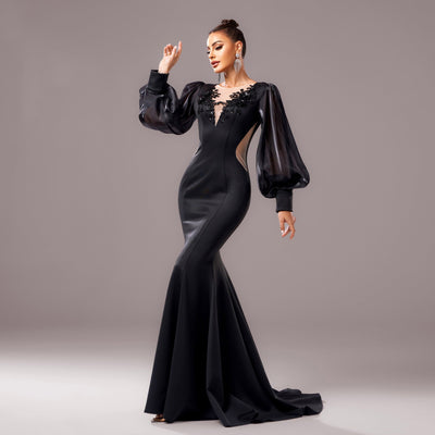 Women's Black Long Sleeve Round Neck Applique Sheath Fishtail Dress - High Waist