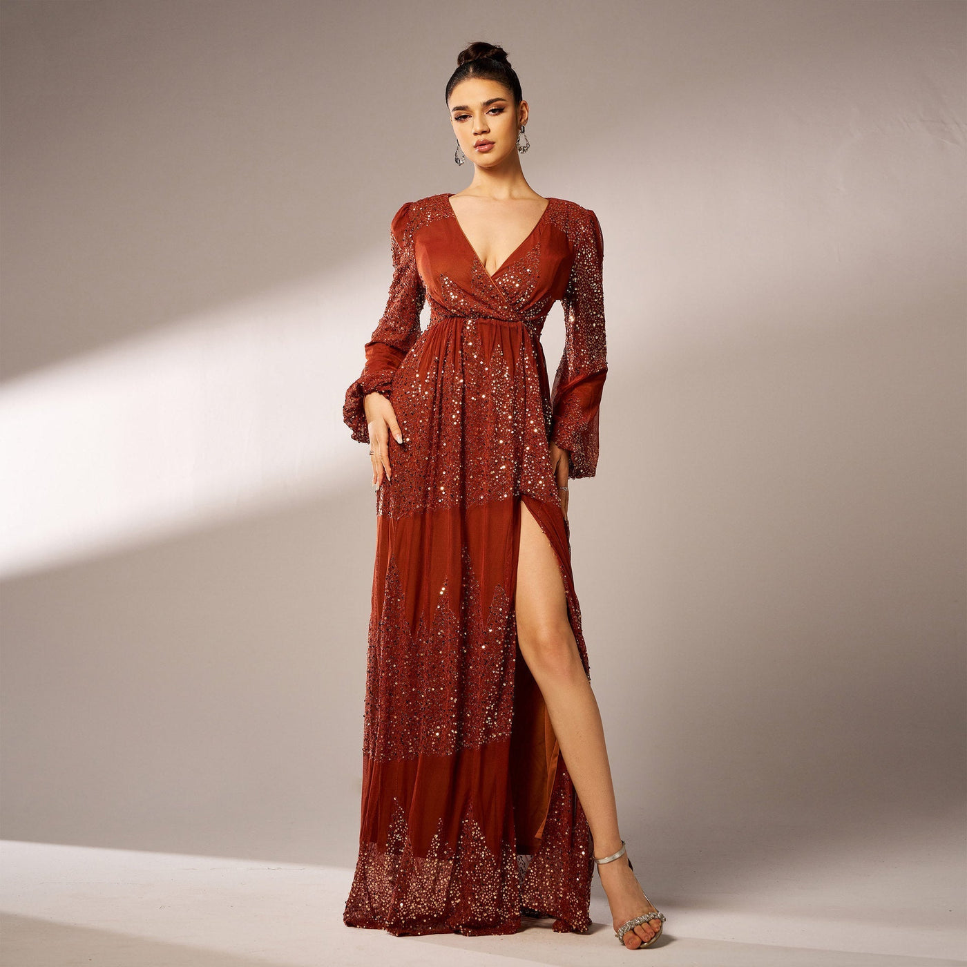 Women's Long Sleeve V-Neck Evening Dress - Sequin - Long Length - Polyester