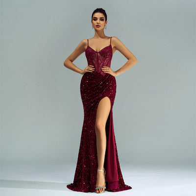 Women's Sleeveless Spaghetti Strap Sequined Evening Dress - High Slit - High Waist