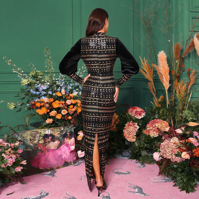 Women's Long Sleeve Round Neck Sequined Evening Dress - High Waist - Long Length