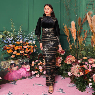 Women's Long Sleeve Round Neck Sequined Evening Dress - High Waist - Long Length