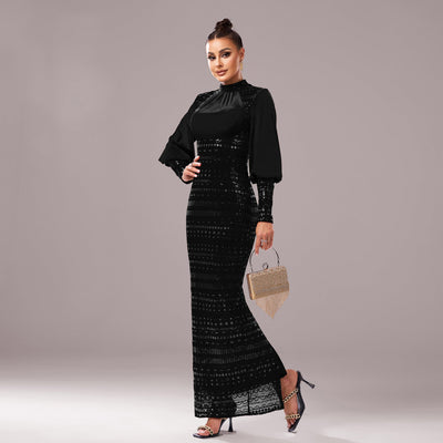 Women's Long Sleeve Round Neck Sequined Evening Dress - High Waist - Long Length