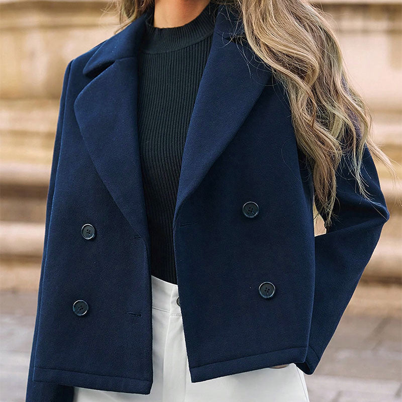 Women’s Fashion Tailored Collar Woolen Coat – Slim Fit, Short Length