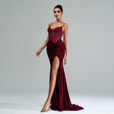 Women's Sleeveless Spaghetti Strap Sequined Evening Dress - High Slit - High Waist