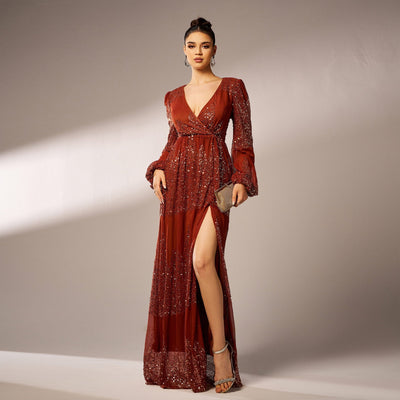 Women's Long Sleeve V-Neck Evening Dress - Sequin - Long Length - Polyester