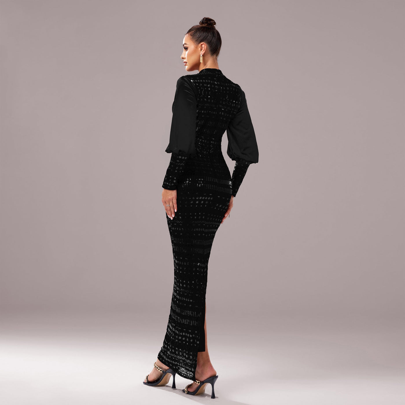 Women's Long Sleeve Round Neck Sequined Evening Dress - High Waist - Long Length