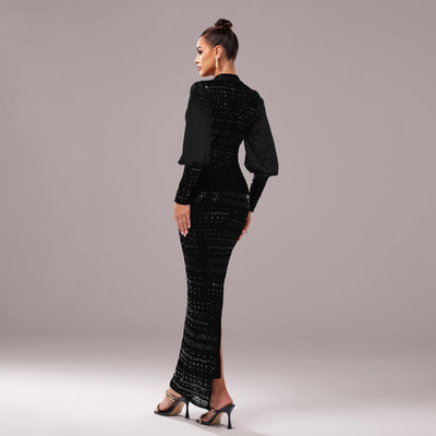 Women's Long Sleeve Round Neck Sequined Evening Dress - High Waist - Long Length