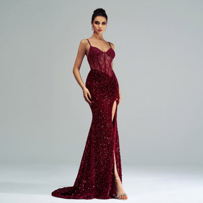 Women's Sleeveless Spaghetti Strap Sequined Evening Dress - High Slit - High Waist