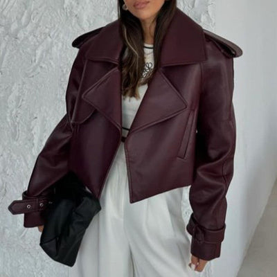 Women’s Short Loose Fit Solid Color Leather Coat – Dark Red – Imitation Leather