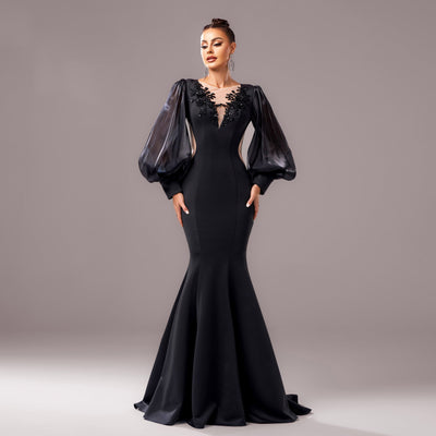 Women's Black Long Sleeve Round Neck Applique Sheath Fishtail Dress - High Waist