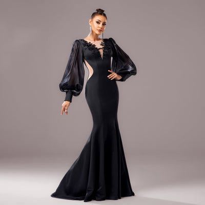 Women's Black Long Sleeve Round Neck Applique Sheath Fishtail Dress - High Waist