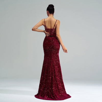 Women's Sleeveless Spaghetti Strap Sequined Evening Dress - High Slit - High Waist