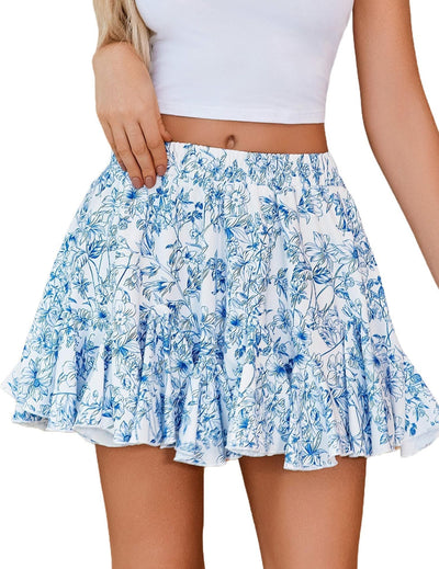 Women's Bohemian Ruffled Mini Skirt - Floral Print - Cotton Blend - Elastic Waist - Casual Holiday Style