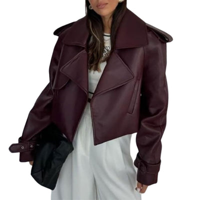 Women’s Short Loose Fit Solid Color Leather Coat – Dark Red – Imitation Leather