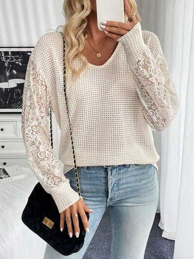 Women's Elegant V-Neck Long Sleeve T-Shirt - Lace Stitching - Solid Color - Apricot