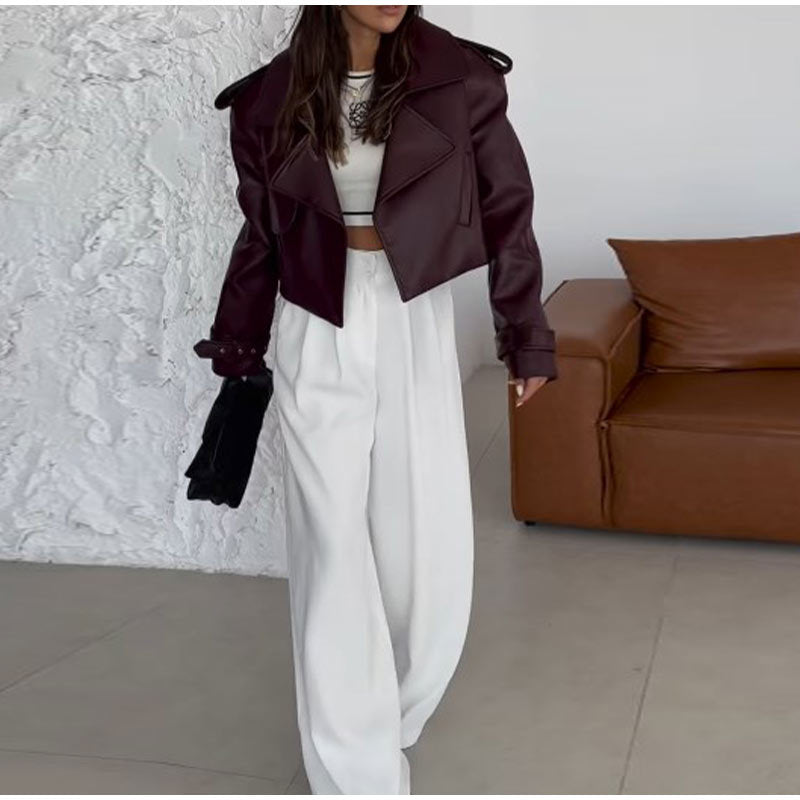 Women’s Short Loose Fit Solid Color Leather Coat – Dark Red – Imitation Leather
