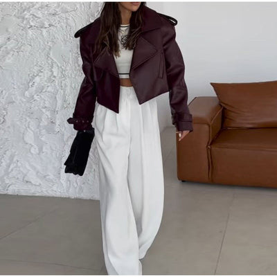 Women’s Short Loose Fit Solid Color Leather Coat – Dark Red – Imitation Leather
