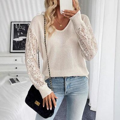 Women's Elegant V-Neck Long Sleeve T-Shirt - Lace Stitching - Solid Color - Apricot