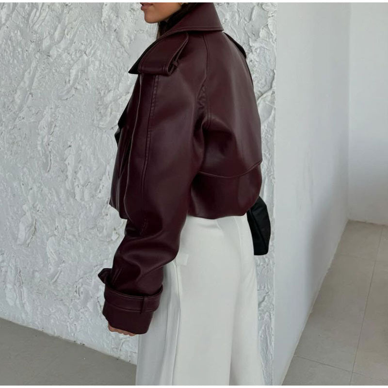 Women’s Short Loose Fit Solid Color Leather Coat – Dark Red – Imitation Leather