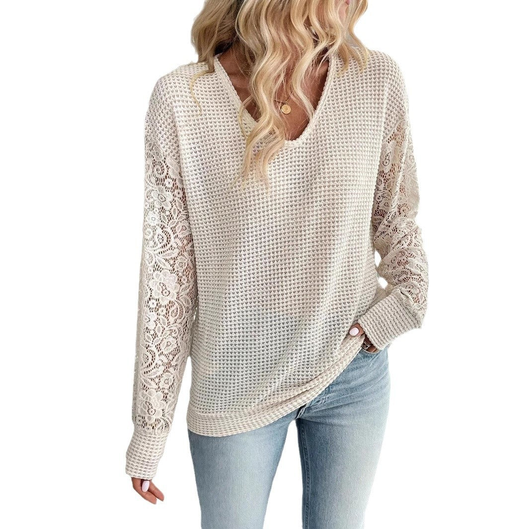Women's Elegant V-Neck Long Sleeve T-Shirt - Lace Stitching - Solid Color - Apricot