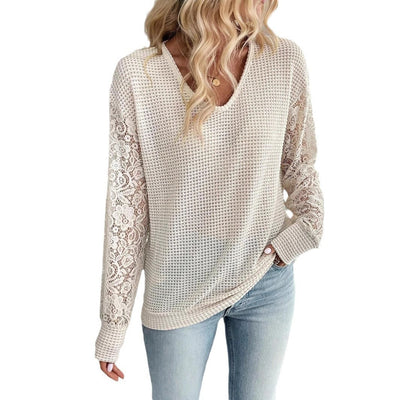 Women's Elegant V-Neck Long Sleeve T-Shirt - Lace Stitching - Solid Color - Apricot