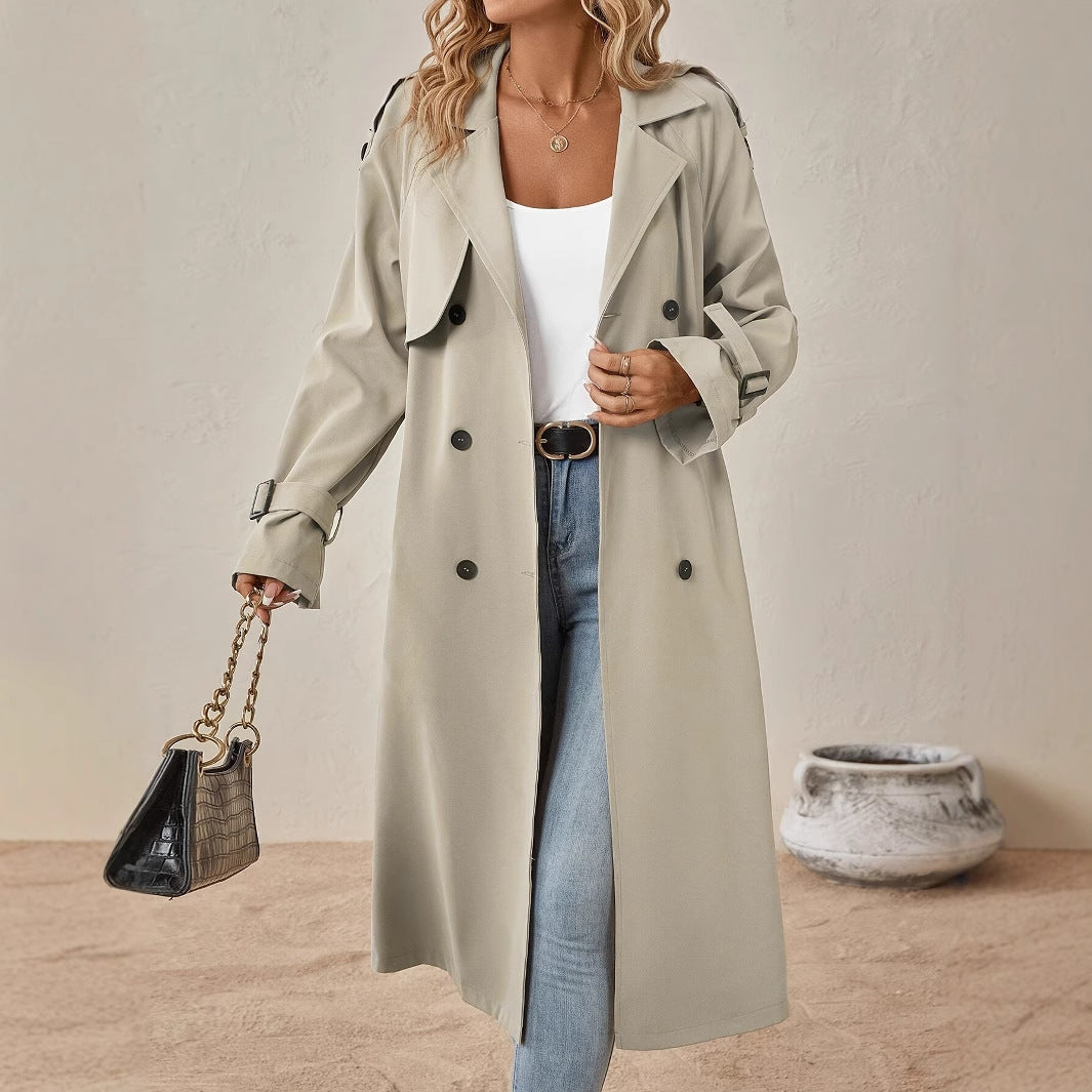 European and American Style Belted Trench Coat with Shoulder Strap