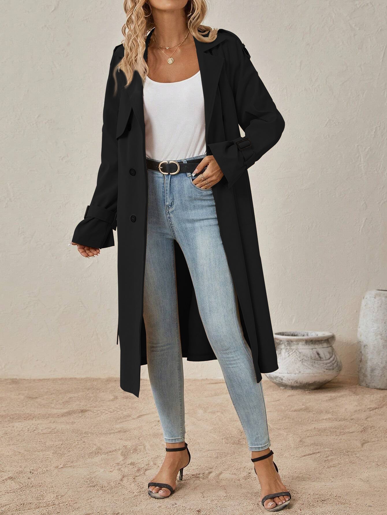 European and American Style Belted Trench Coat with Shoulder Strap