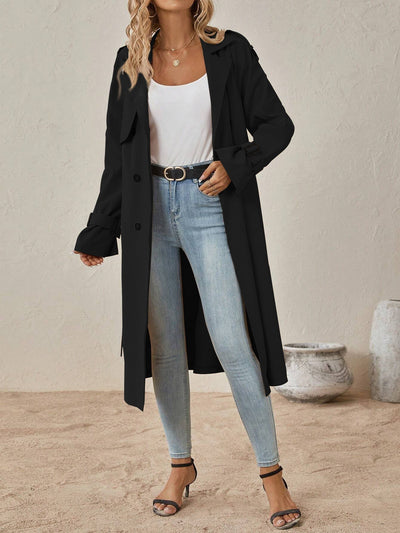 European and American Style Belted Trench Coat with Shoulder Strap