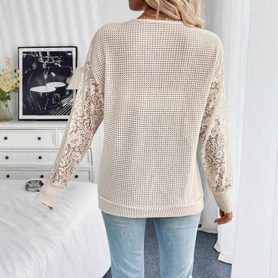 Women's Elegant V-Neck Long Sleeve T-Shirt - Lace Stitching - Solid Color - Apricot