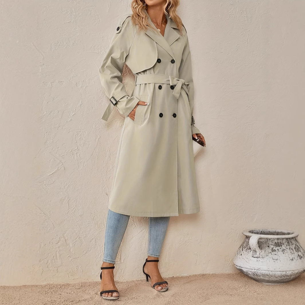 European and American Style Belted Trench Coat with Shoulder Strap
