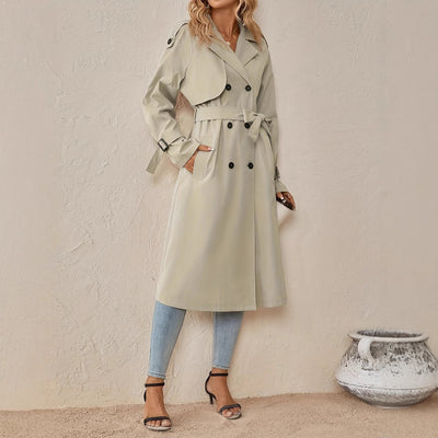 European and American Style Belted Trench Coat with Shoulder Strap