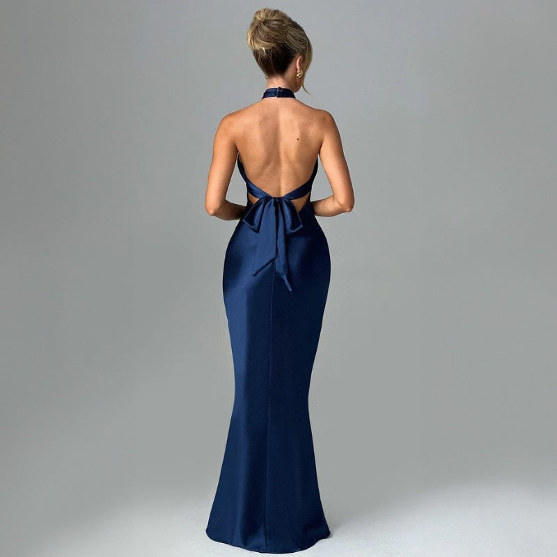 Women's Backless Long Dress - Sleeveless - Solid Color - Lace-Up - Polyester Blend