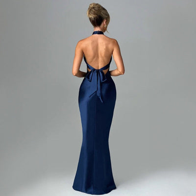 Women's Backless Long Dress - Sleeveless - Solid Color - Lace-Up - Polyester Blend