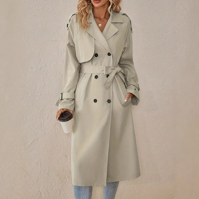 European and American Style Belted Trench Coat with Shoulder Strap