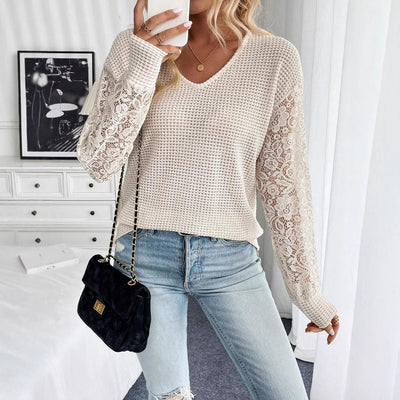 Women's Elegant V-Neck Long Sleeve T-Shirt - Lace Stitching - Solid Color - Apricot