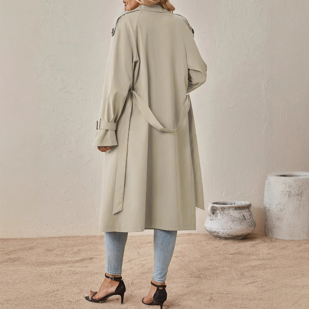 European and American Style Belted Trench Coat with Shoulder Strap