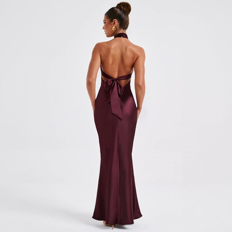 Women's Backless Long Dress - Sleeveless - Solid Color - Lace-Up - Polyester Blend
