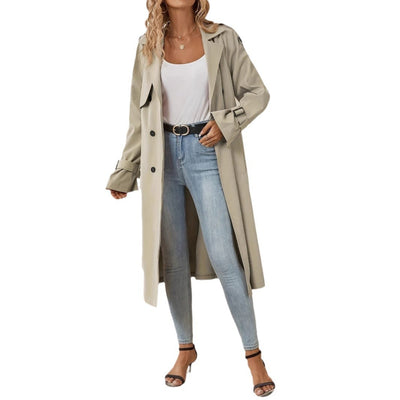 European and American Style Belted Trench Coat with Shoulder Strap