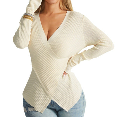 Women's Irregular Cross Sweater - Pullover Style - Long Sleeve - Linen Blend - Solid Color
