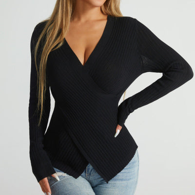Women's Irregular Cross Sweater - Pullover Style - Long Sleeve - Linen Blend - Solid Color