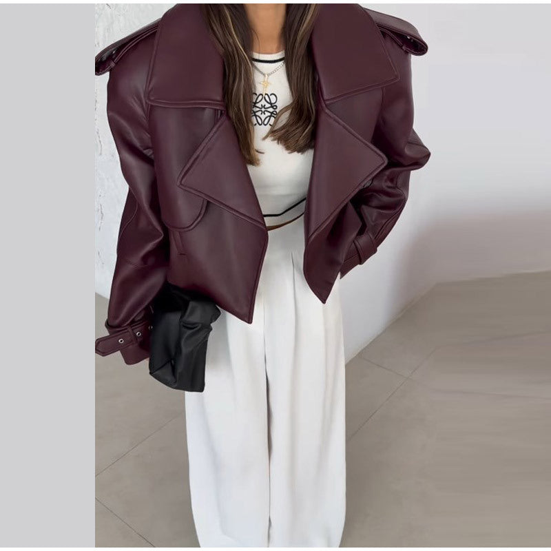 Women’s Short Loose Fit Solid Color Leather Coat – Dark Red – Imitation Leather