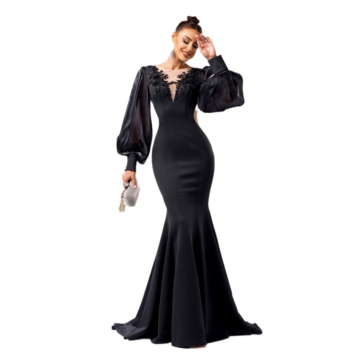Women's Black Long Sleeve Round Neck Applique Sheath Fishtail Dress - High Waist