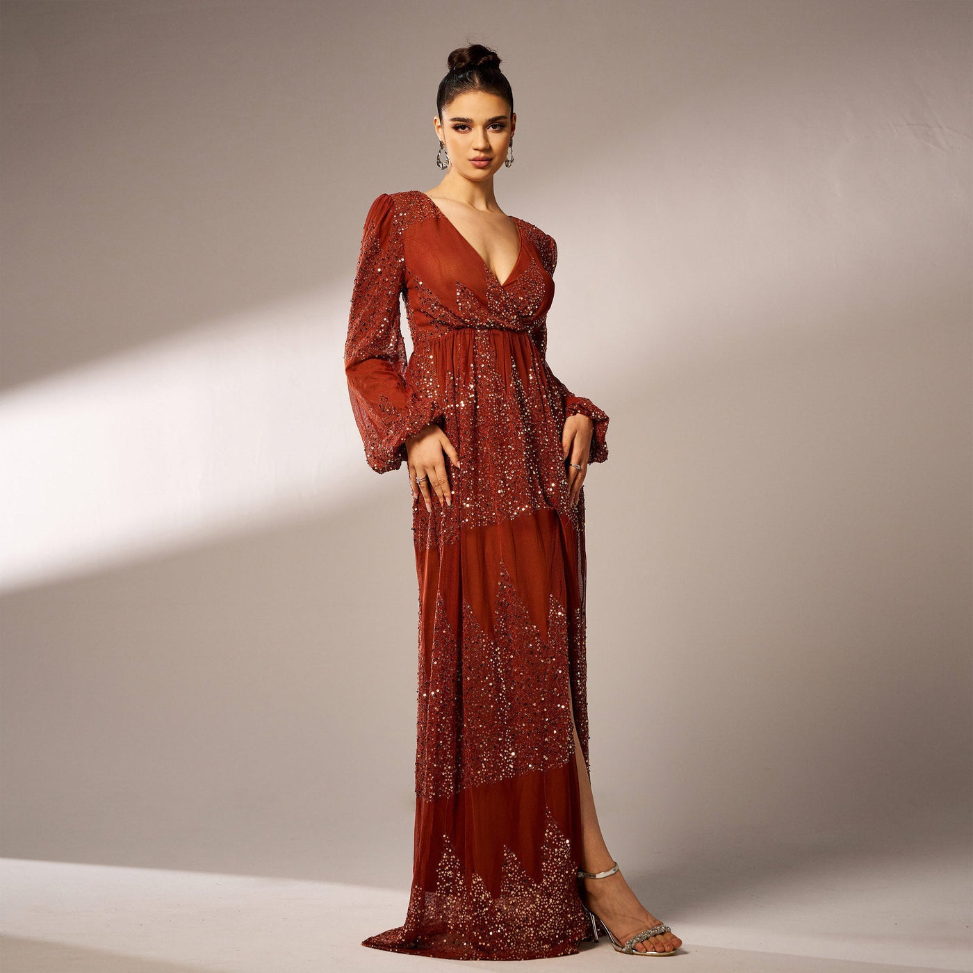 Women's Long Sleeve V-Neck Evening Dress - Sequin - Long Length - Polyester