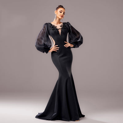 Women's Black Long Sleeve Round Neck Applique Sheath Fishtail Dress - High Waist