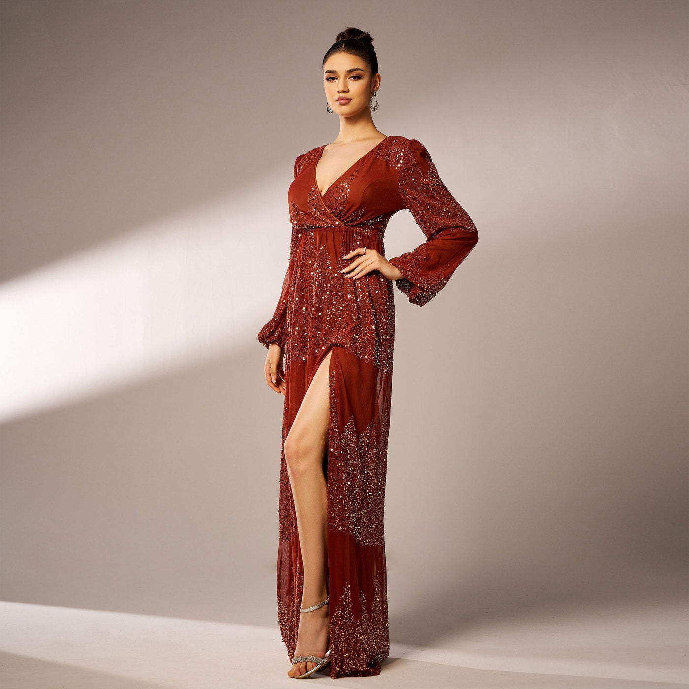Women's Long Sleeve V-Neck Evening Dress - Sequin - Long Length - Polyester
