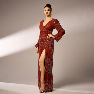 Women's Long Sleeve V-Neck Evening Dress - Sequin - Long Length - Polyester
