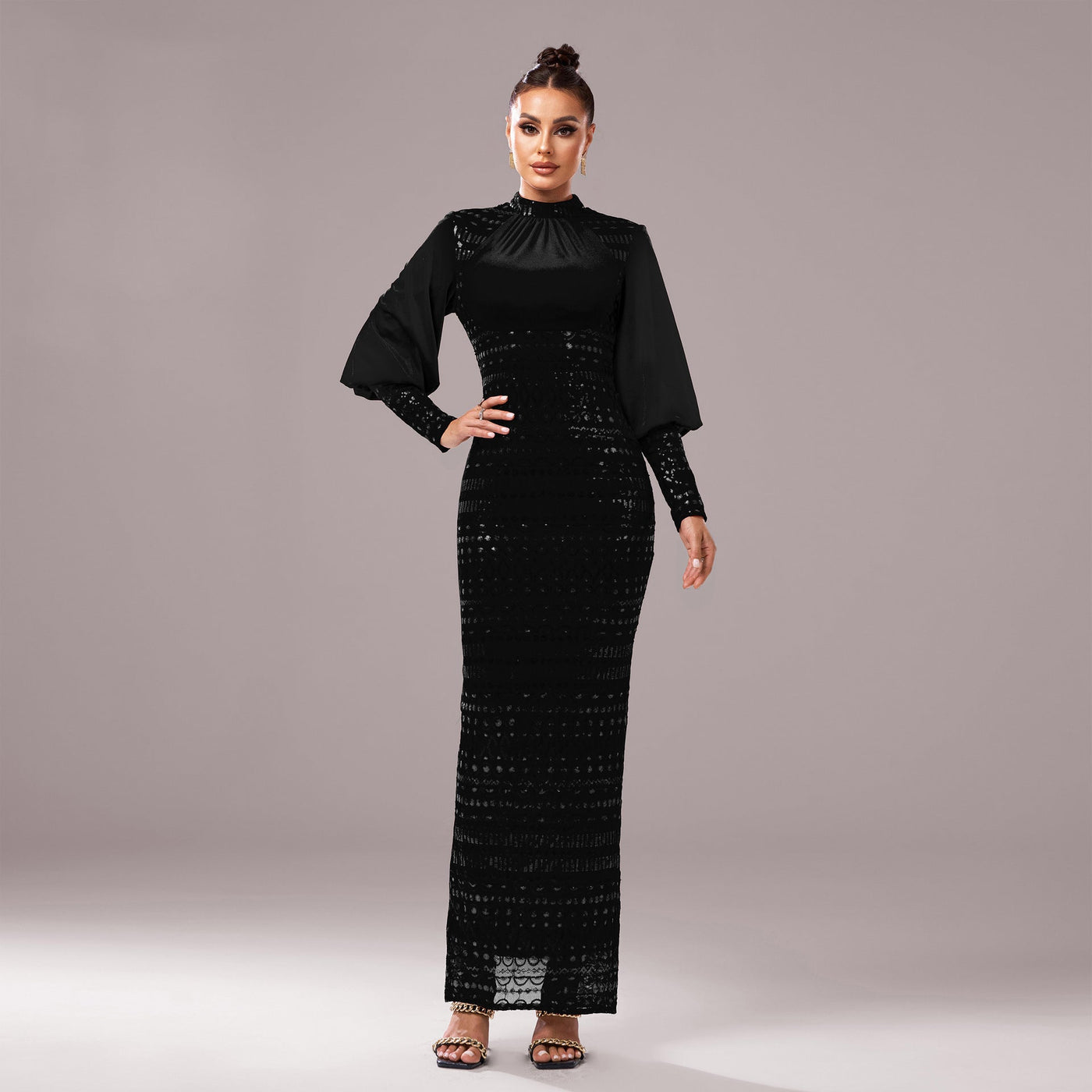 Women's Long Sleeve Round Neck Sequined Evening Dress - High Waist - Long Length