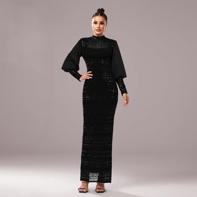 Women's Long Sleeve Round Neck Sequined Evening Dress - High Waist - Long Length