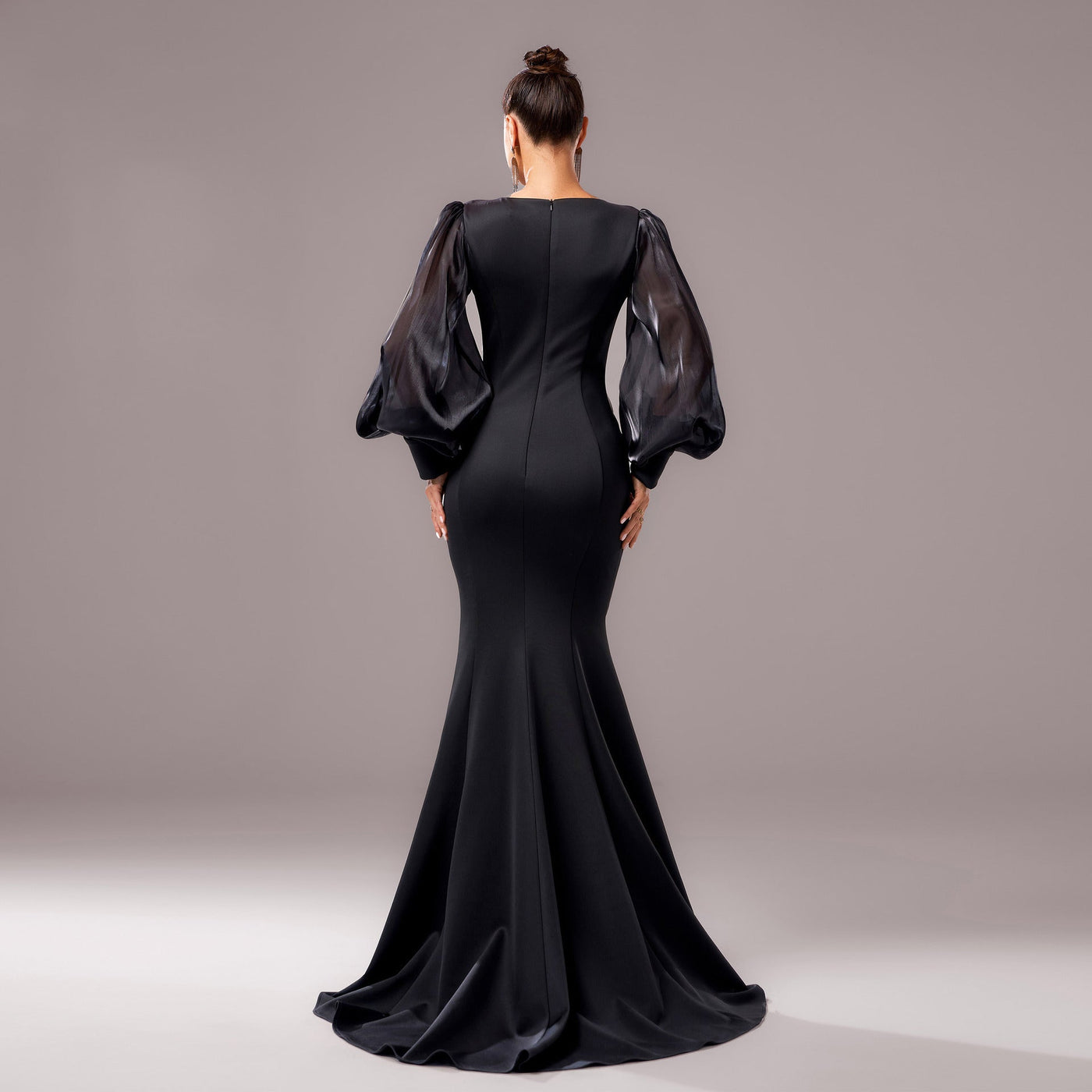 Women's Black Long Sleeve Round Neck Applique Sheath Fishtail Dress - High Waist
